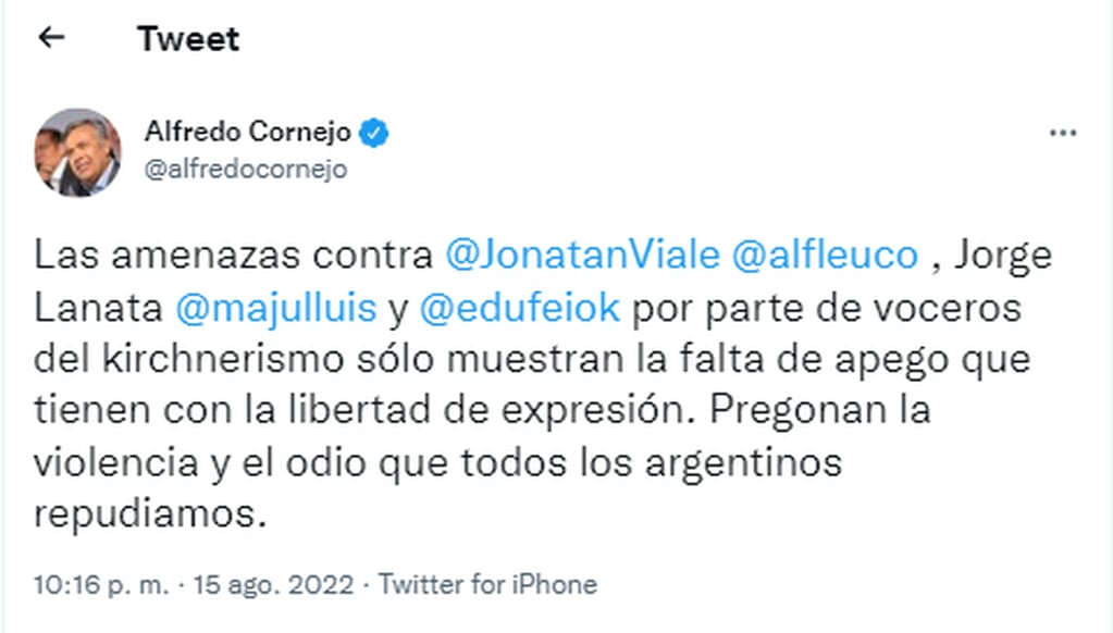 Cornejo repudió las declaraciones de Roberto Navarro.