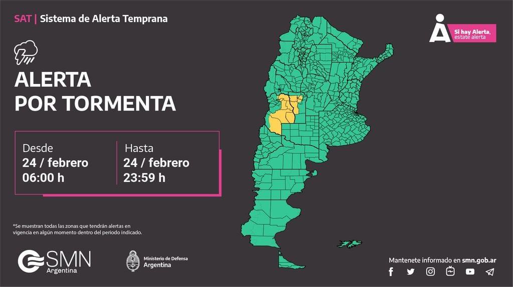 Alerta amarilla del Servicio Meteorológico Nacional por tormenta en Mendoza. Foto: X / @SMN_Alertas