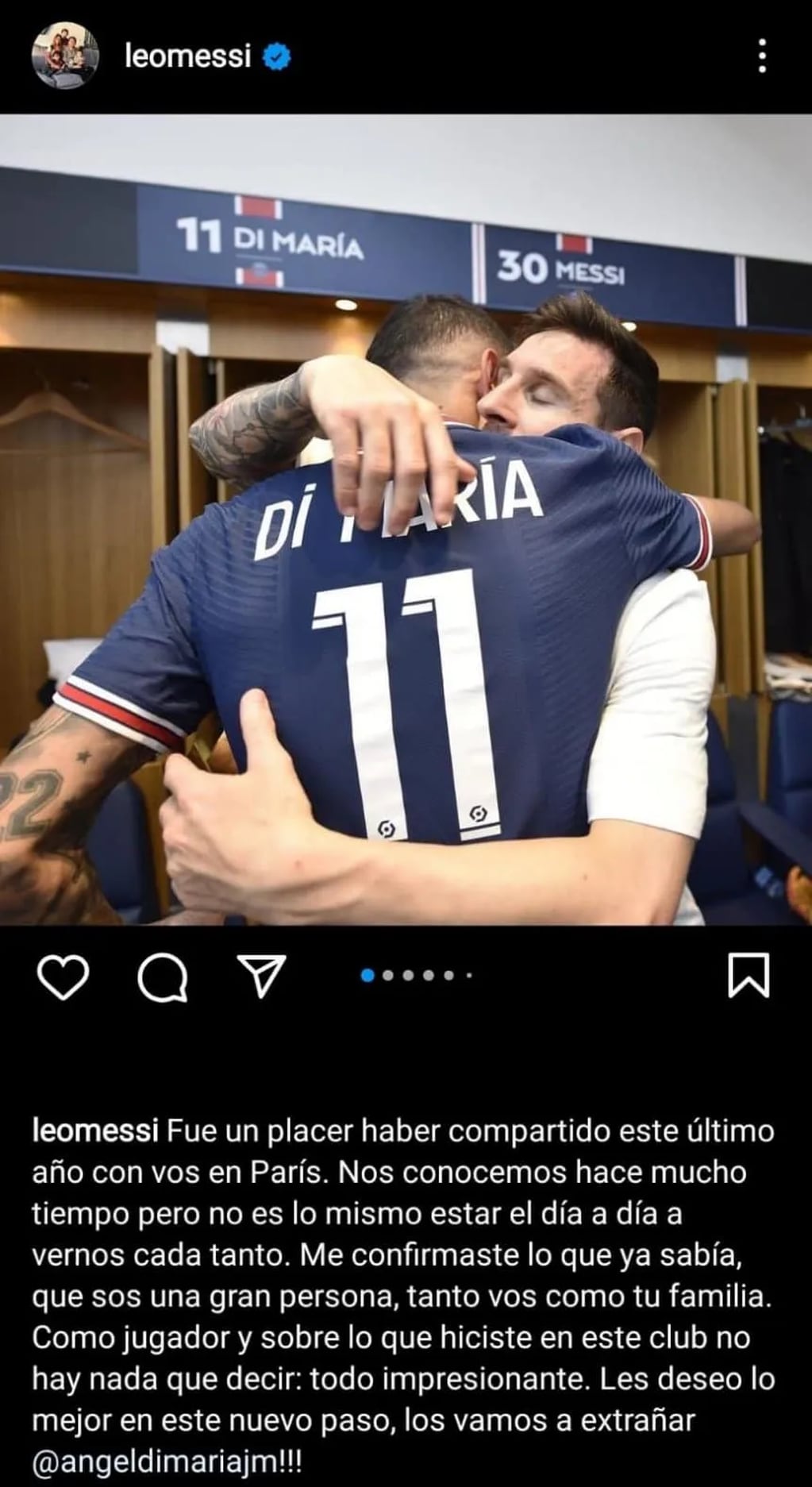 El mensaje de despedida de Lionel Messi a Angel Di María, que se despidió del PSG. / Gentileza.