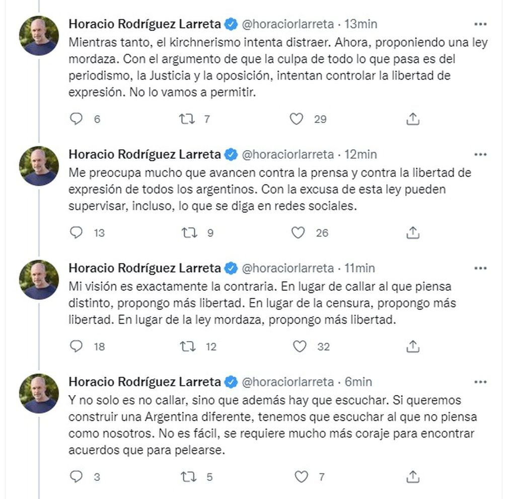 Horacio Rodríguez Larreta en Twitter: rechazó el proyecto oficialista para controlar la libertad de expresión