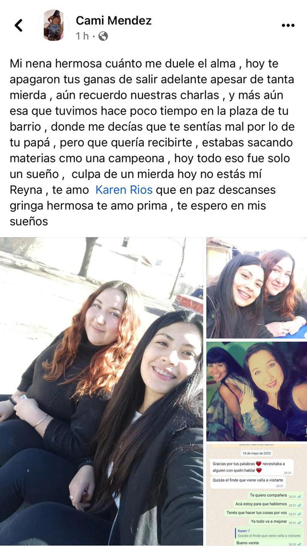 El emotivo mensaje que publicó la prima de Karen Ríos, la joven asesinada en Rivadavia.