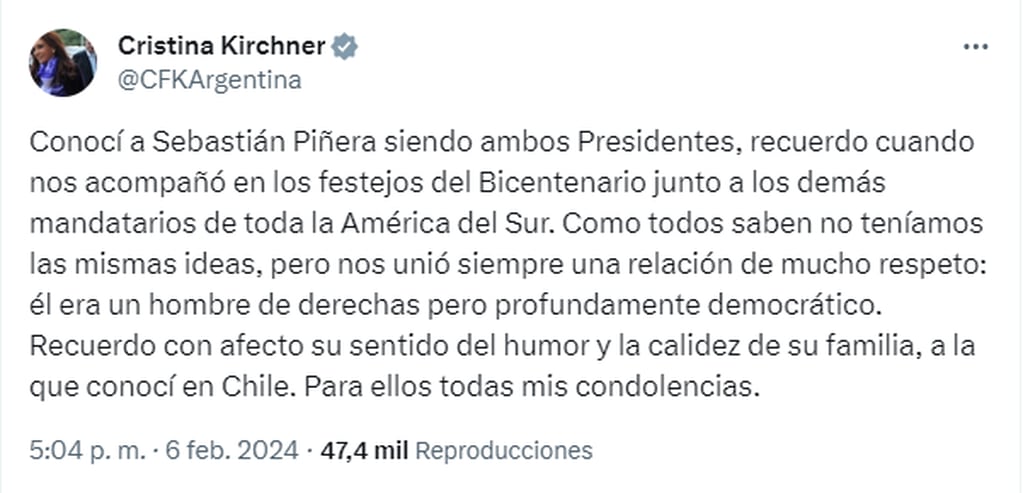 Líderes políticos y exfuncionarios lamentaron la muerte del ex presidente de Chile Sebastián Piñera - X