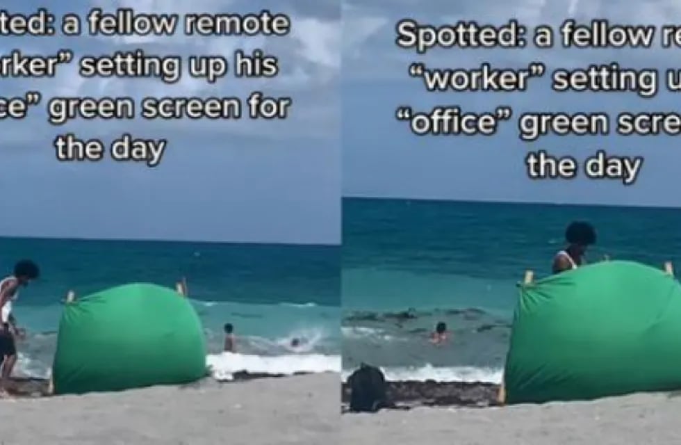 Un joven instala un croma para teletrabajar desde la playa. Foto: Web