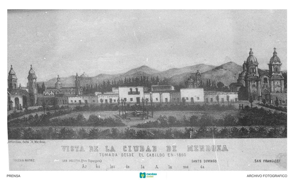 Una vista del casco histórico de la Ciudad de Mendoza en 1860, donde a la izquierda se puede observar la Iglesia Matriz.