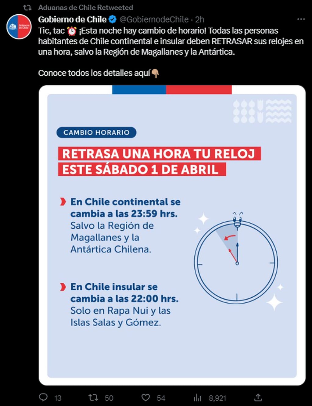 La aduana chilena informó el cambio de horario. Foto: Twitter/@AduanaCL
