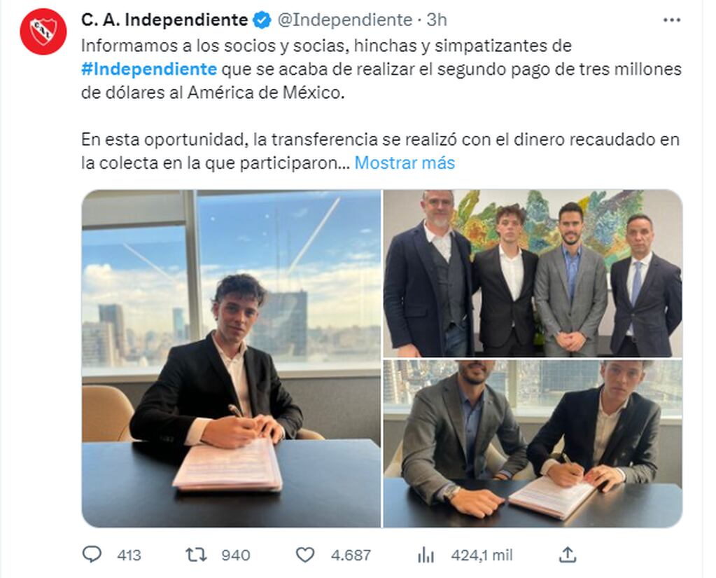 Oficial: Independiente informó que utilizó el dinero de la colecta que  lidera Santiago Maratea para abonar parte de la deuda con el América