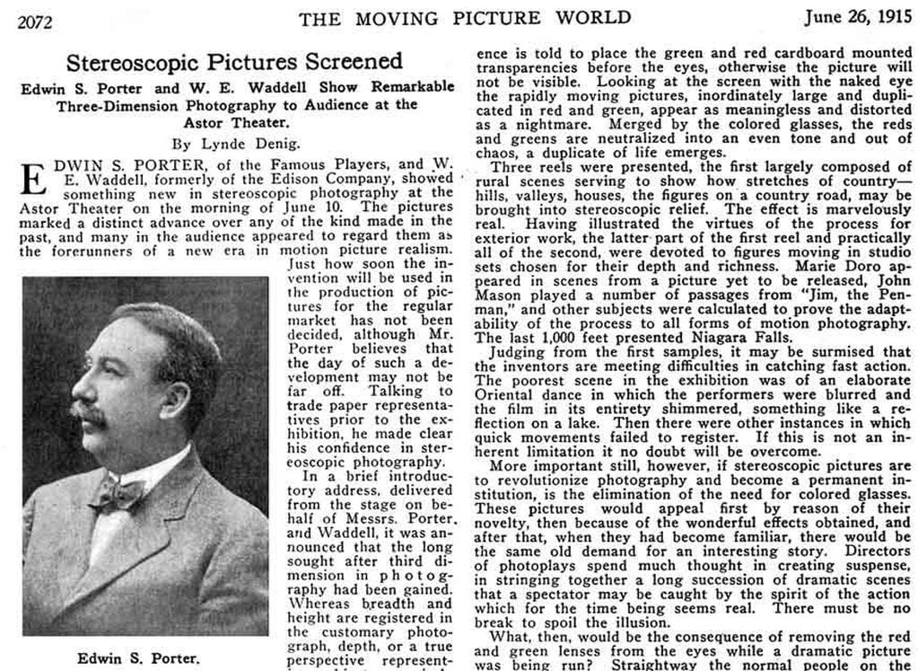 1915: proyección de tres cortos en 3D en el Astor Theater, Nueva York (3D Film Archive)