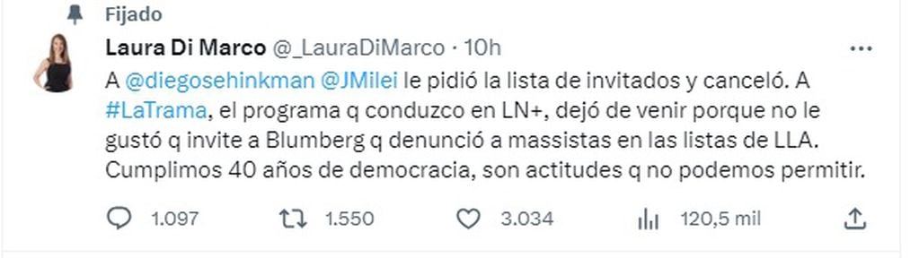 Laura Di Marco apoyó a Diego Sehinkman en su denuncia contra Javier Milei (X)
