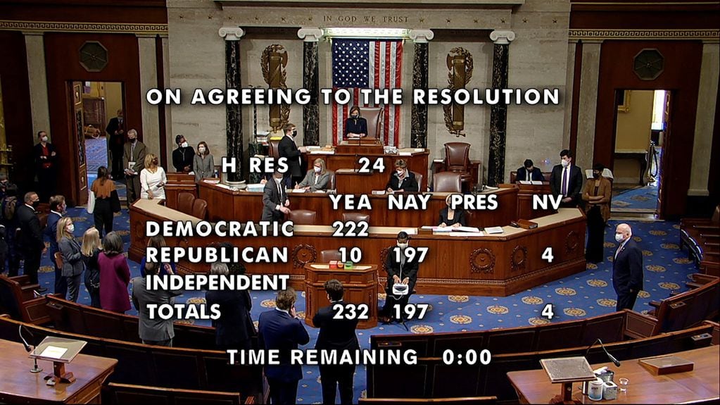 Así quedó la votación en la Cámara de Representantes de EEUU que aprobó un segundo juicio político contra el presidente Donald Trump. 