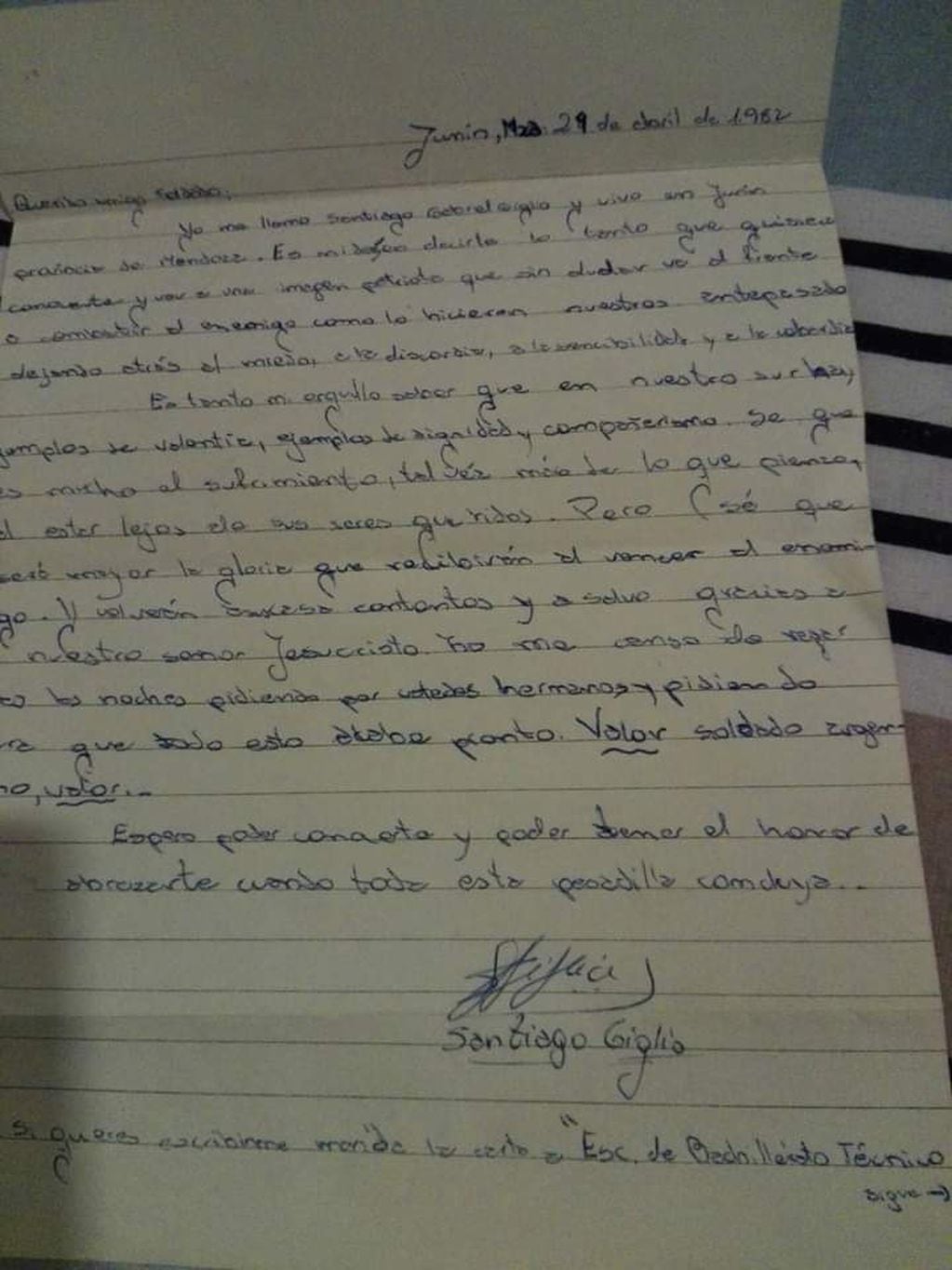 Ramón envió a Santiago una fotografía de la carta que le llegó en 1982. -  