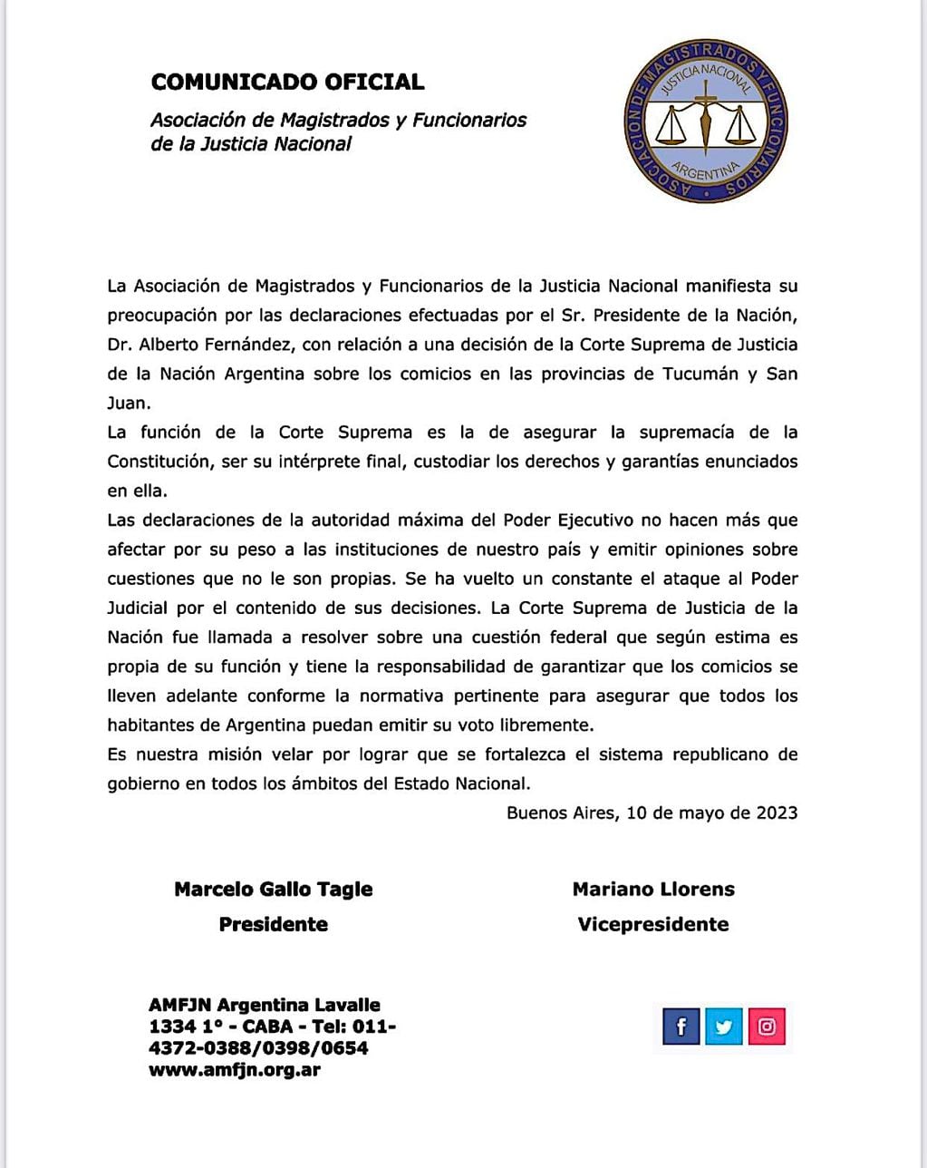 Comunicado de la Asociación de Magistrados para repudiar los dichos del presidente Alberto Fernández sobre el Poder Judicial.