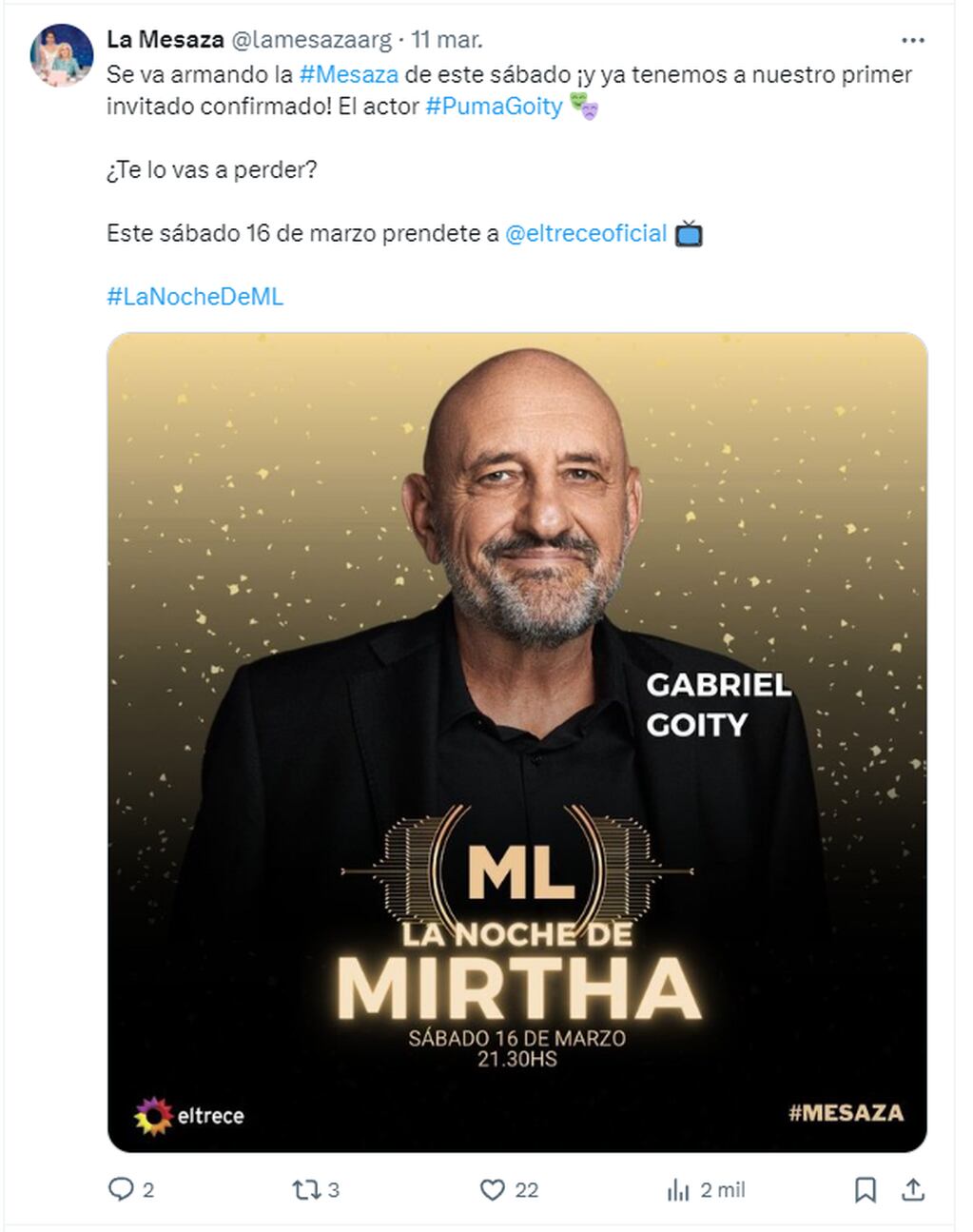 Puma Goity estará en la mesaza de Mirtha
