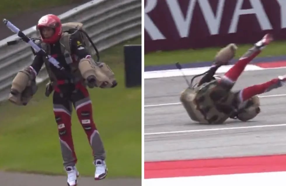 El “hombre volador” se estrelló contra la pista en la previa del GP de Austria. Foto: captura.
