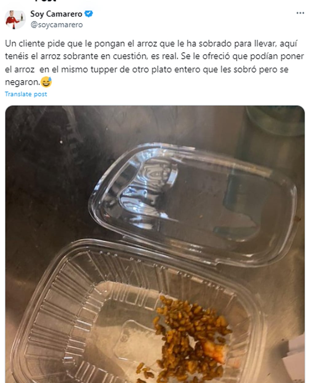 La foto de la comida restante la publicó una cuenta de X y generó un gran debate en la red social. Gentileza: X @SoyCamarero.