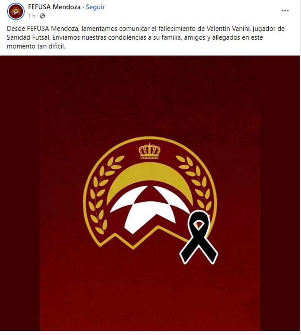 FEFUSA. El comunicado por el fallecimiento de Valentín Vanini, jugador de SANIDAD. / Gentileza.
