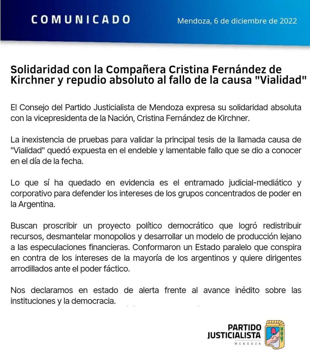 El comunicado del Partido Justicialista repudiando la condena a Cristina Fernández.
