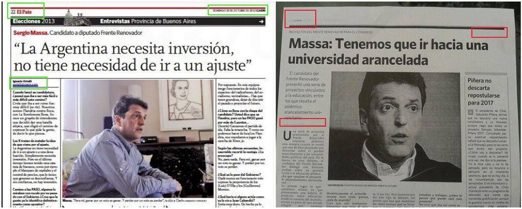Comparación entre una página digitalizada de la versión en papel del diario Clarín de octubre de 2013 (I) y el contenido viral, hecha el 14 de noviembre de 2023. Foto: Reverso