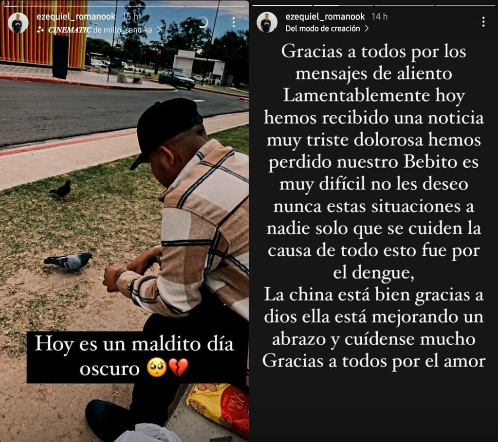 La China Romero perdió su embarazo por dengue: el doloroso mensaje de Ezequiel Romano (Captura de pantalla)