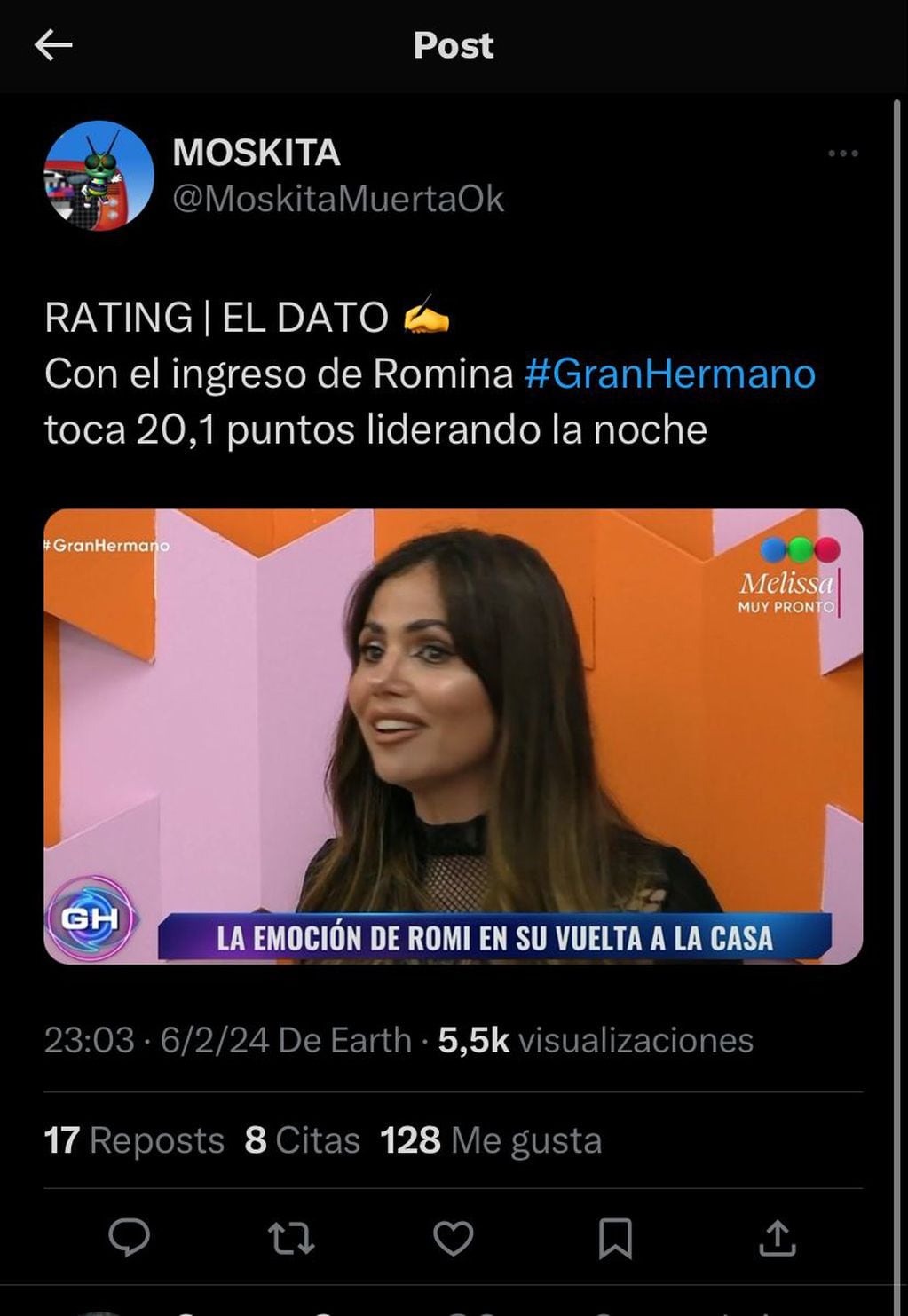 El rating de Gran Hermano con el ingreso de Romina Uhrig. Captura de pantalla.