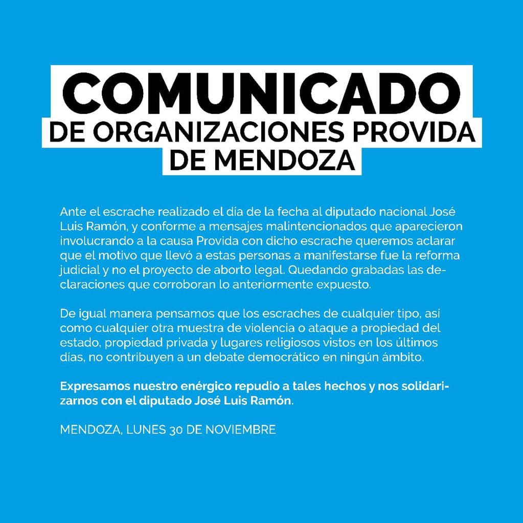 El comunicado oficial que lanzaron desde las organizaciones provida de Mendoza.