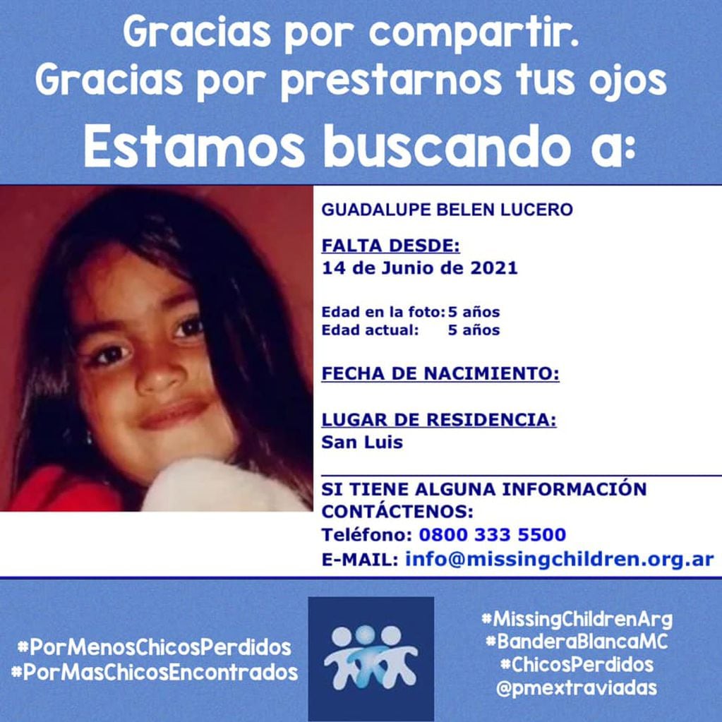 La búsqueda de Guadalupe Belén Lucero llegó a Missing Children.
