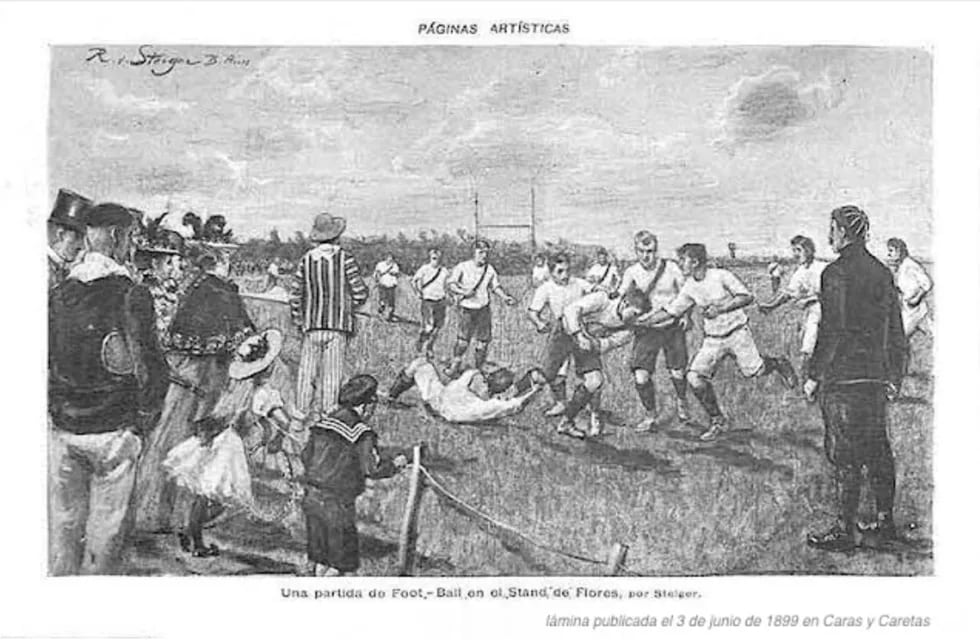 Una partida do Foot.- Ball en ol Stand de Flores, por steleer. lámina publicada el 3 de junio de 1899 en Caras y Caretas