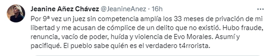 El tuit Jeanine Áñez en X. Foto: captura.