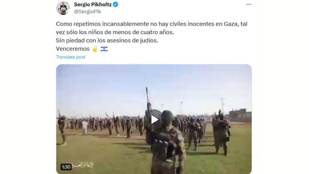 El segundo director de la DAIA, Sergio Pikholtz, publicó en sus redes sociales un mensaje en el que aseguró que “no hay civiles inocentes en Gaza”.