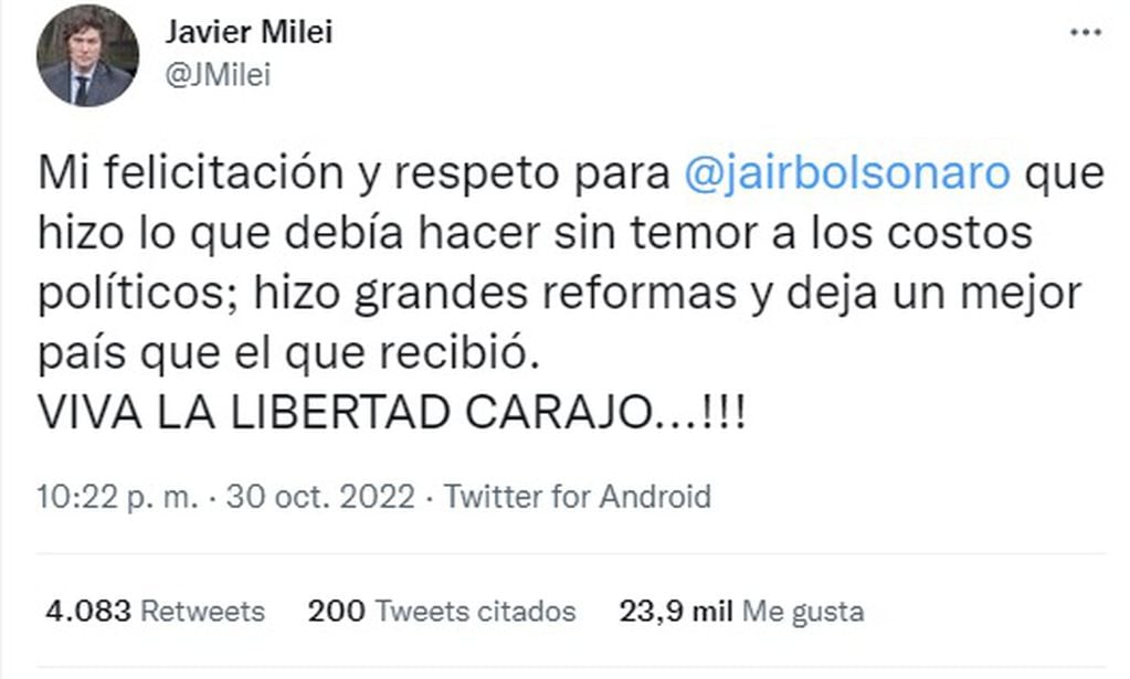 Javier Milei felicitó a Jair Bolsonaro e ignoró a Lula da Silva (Twitter)