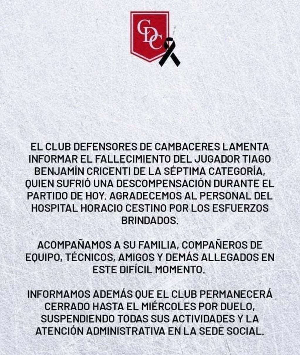 El comunicado del club Deportivo Cambaceres. Gentileza: Clarín.
