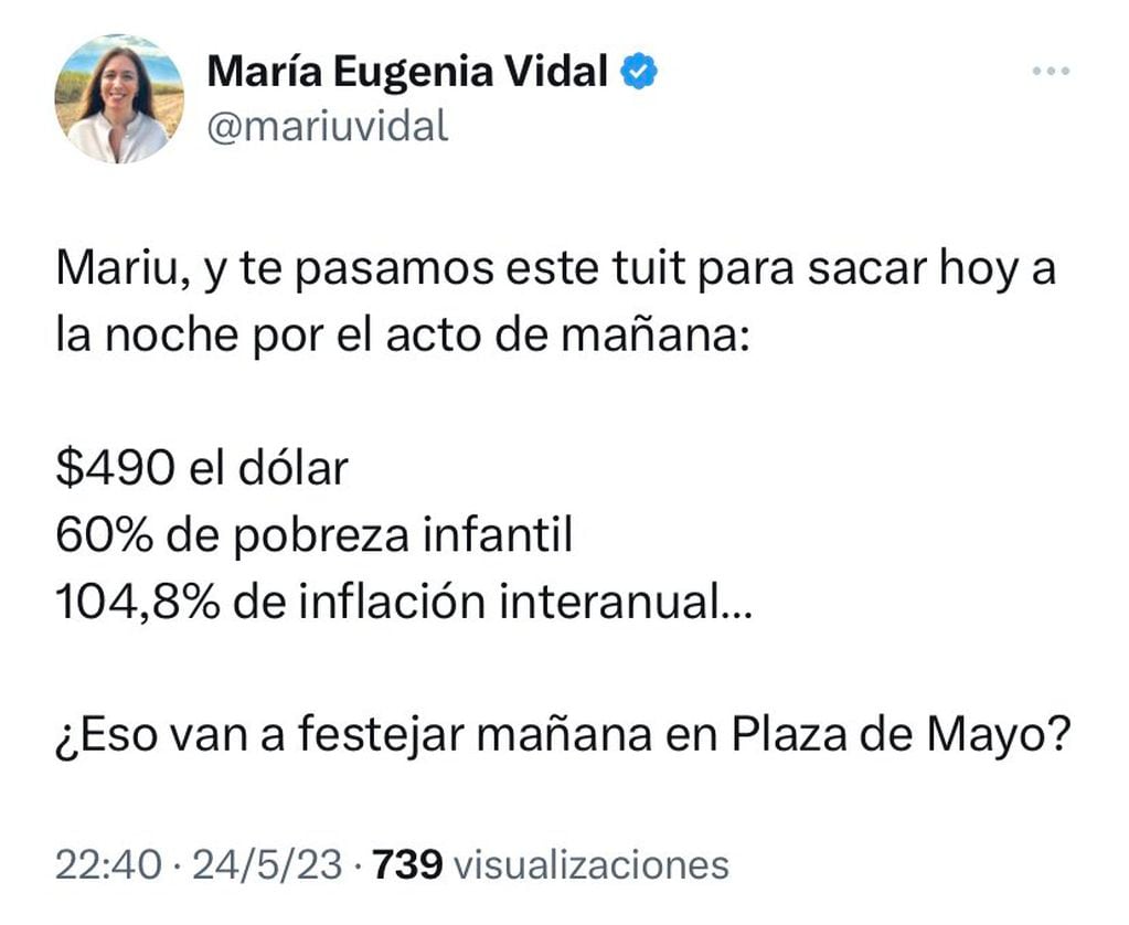 El tuit viral de María Eugenia Vidal que borró. Foto: Captura de pantalla.
