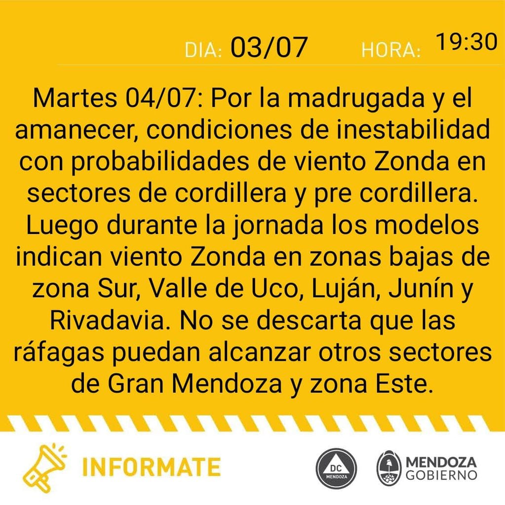 Información sobre el clima para Mendoza. Gentileza: Defensa Civil.