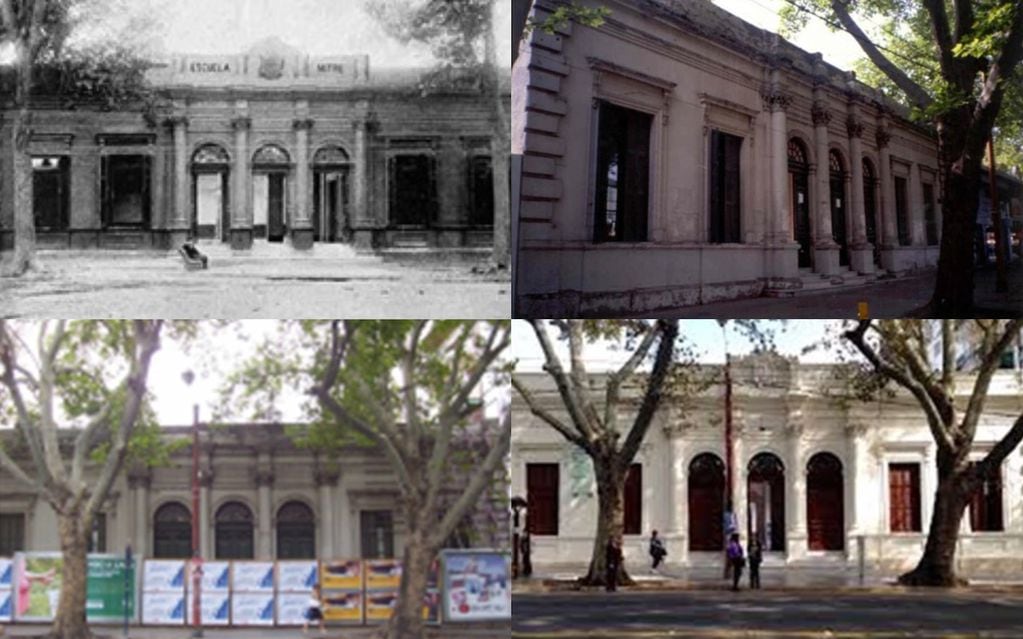 La ex Escuela Mitre con su fachada original 1906, luego en 1999, 2010 y finalmente la actual que se hizo en 2015 sin los efectos de los terremotos de 1917 y 1920.