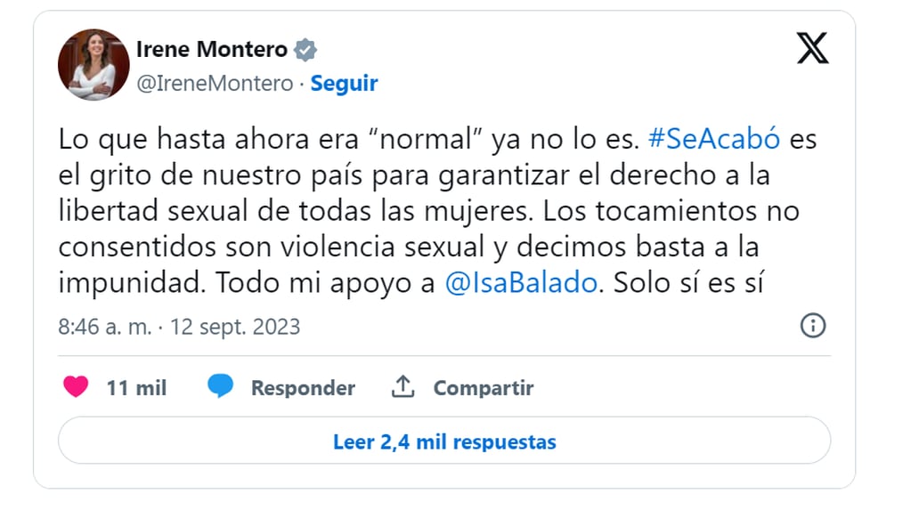 La periodista Irene Montero expresó su solidaridad y apoyo en X (ex Twitter)
Captura de Pantalla