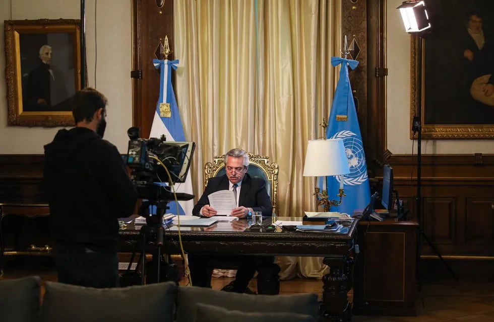 Alberto Fernández habló ante la Asamblea General de Naciones Unidas a través de un video. Foto Presidencia.