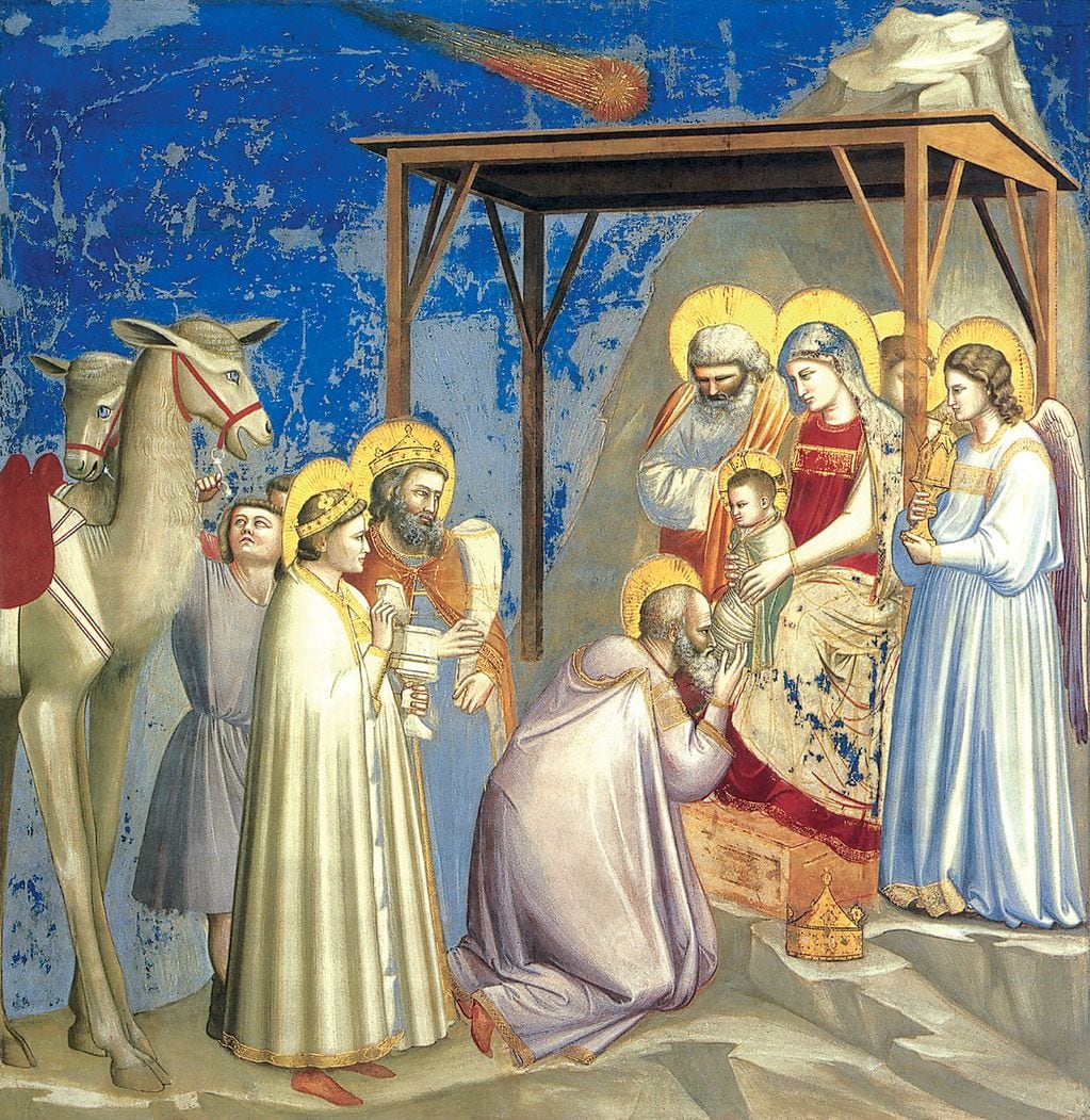 El cuadro La Adoración de los Reyes Magos (de Giotto, 1304), donde se asocia -erróneamente- a la Estrella de Belén con un cometa. El pintor se inspiró en el avistaje del cometa Halley en 1301. Foto: arquitecturaycristianismo.com