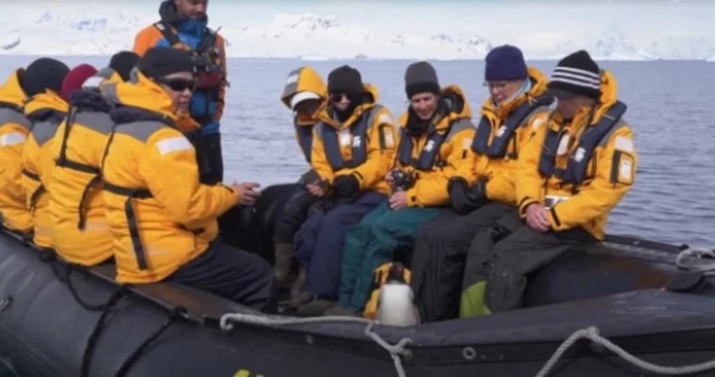 Los turistas le dieron refugio al pingüino hasta que las orcas se fueron.