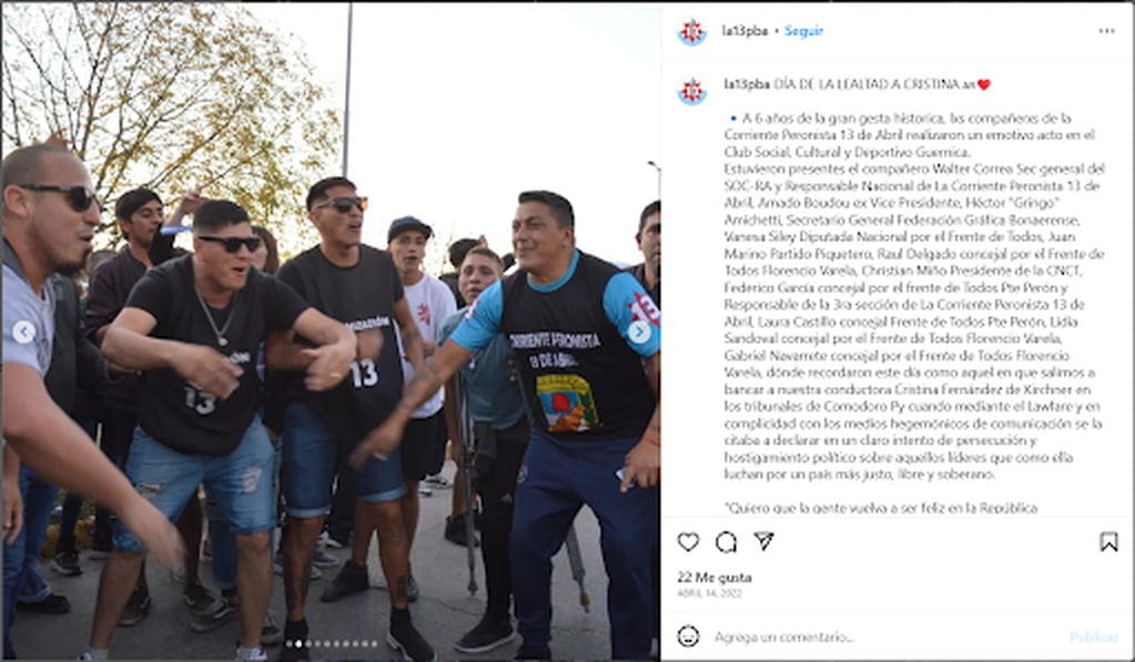 Publicación de @la13pba, cuenta de Instagram de la Agrupación Peronista 13 de Abril, de Guernica.