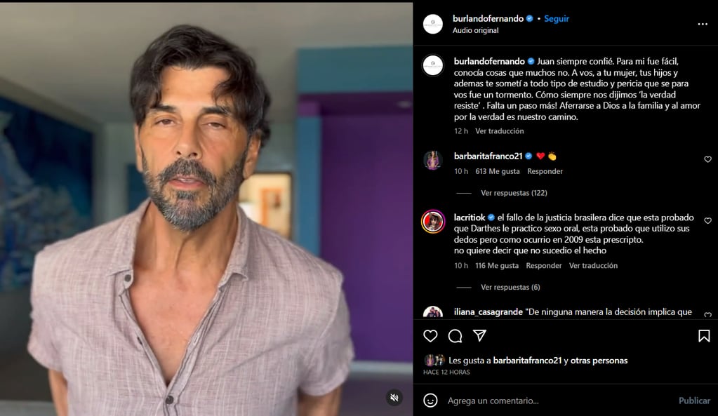 El mensaje de Burlando al video de Darthés y el apoyo de los famosos