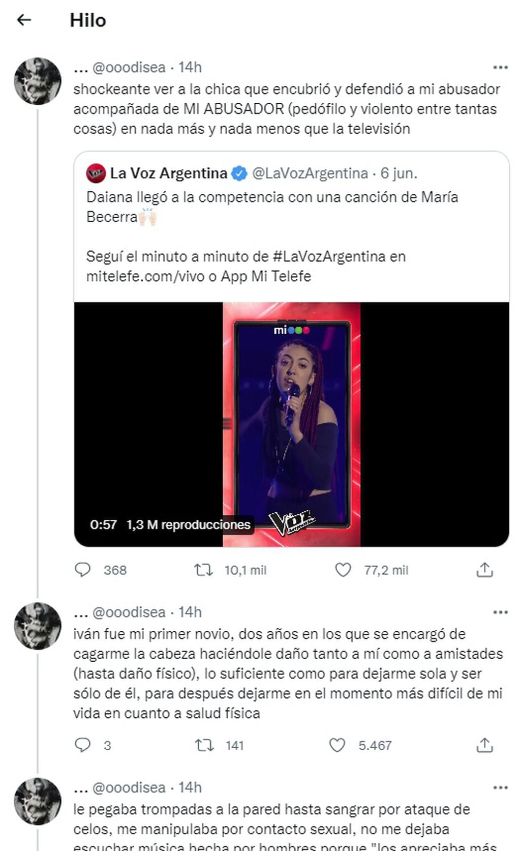 El hilo de la denuncia contra una cantante y su amigo, ambos vistos en La Voz Argentina (Twitter @ooodisea)