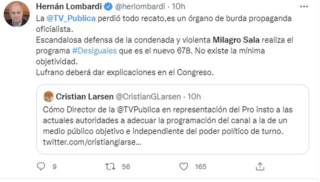 Críticas de la oposición a la entrevista de Milagro Sala en la TV Pública (Twitter)