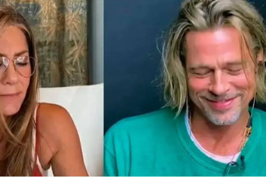 Jennifer Aniston y Brad Pitt en videollamada.