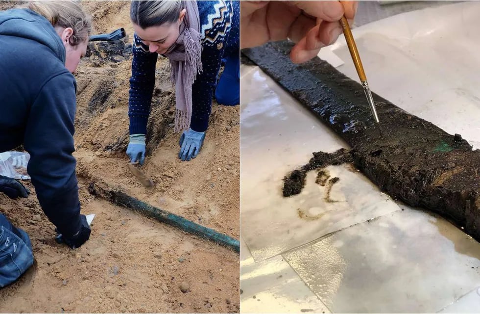 Investigadores del Museo de Odense encontraron la espada de bronce en una excavación de un gasoducto. Foto: Gentileza.