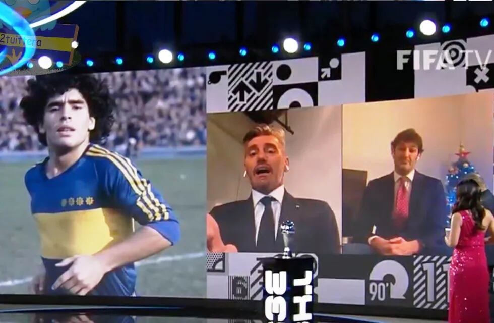 Momento exacto que Sergio Goycochea recuerada a Diego Maradona en la gala de los premios The Best. / Gentileza.