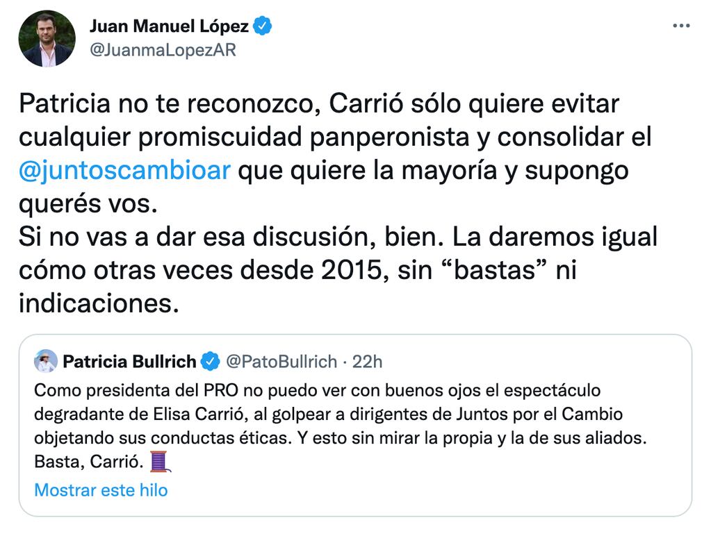 El titular del bloque de la CC en la Cámara baja, Juan Manuel López, salió a responderle a Patricia Bullrich.