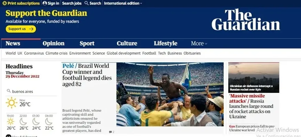 La portada de la web de The Guardian tras la muerte de Pelé.