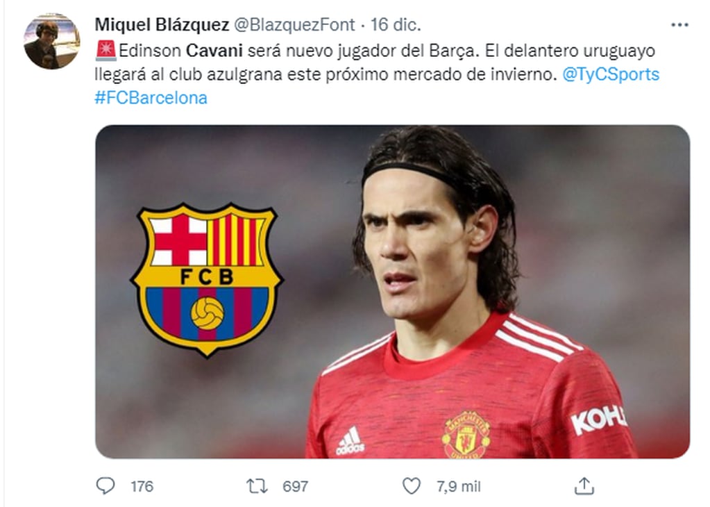Medios españoles, aseguran que Edison Cavani, no tendrá lugar en Barcelona.