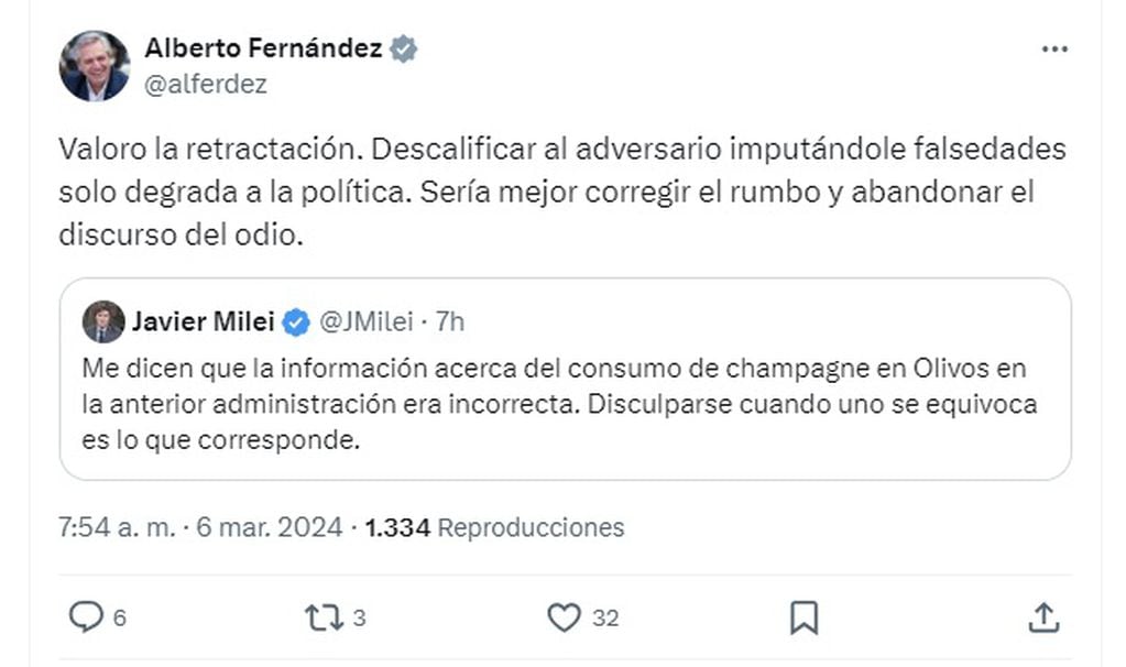 Alberto Fernández celebró las disculpas de Javier Milei por decir que tomaba champagne Cristal todos los días (X)