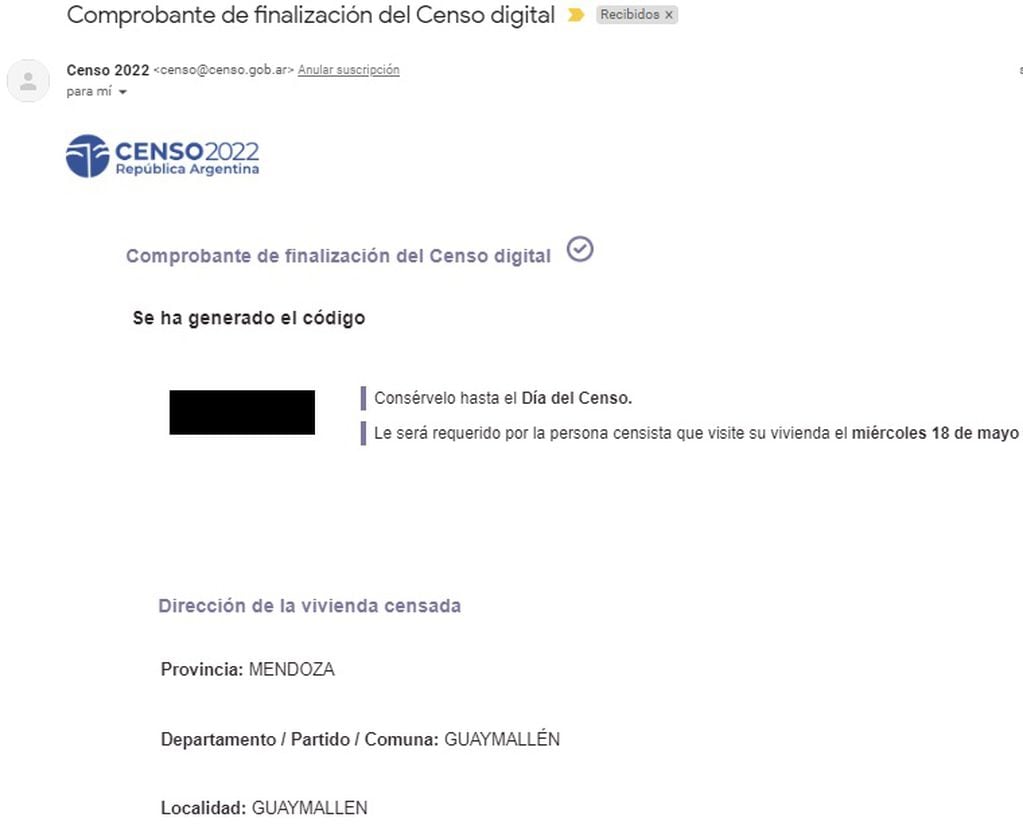 El código del censo digital 2022 llega por correo electrónico (Captura)