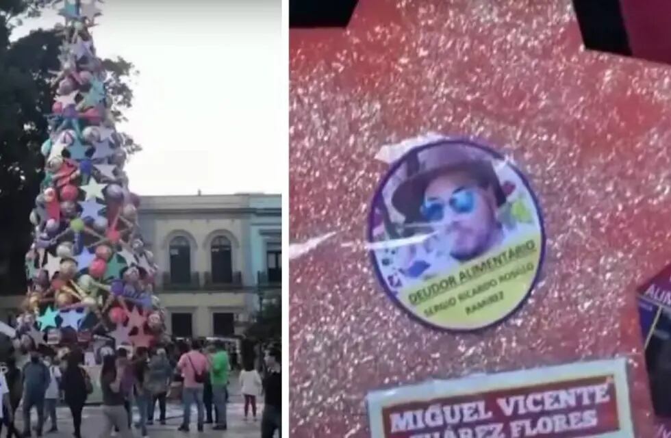 En Oaxaca, grupo de mujeres colocaron mantas con nombres y fotos de hombres deudores. Foto: Web